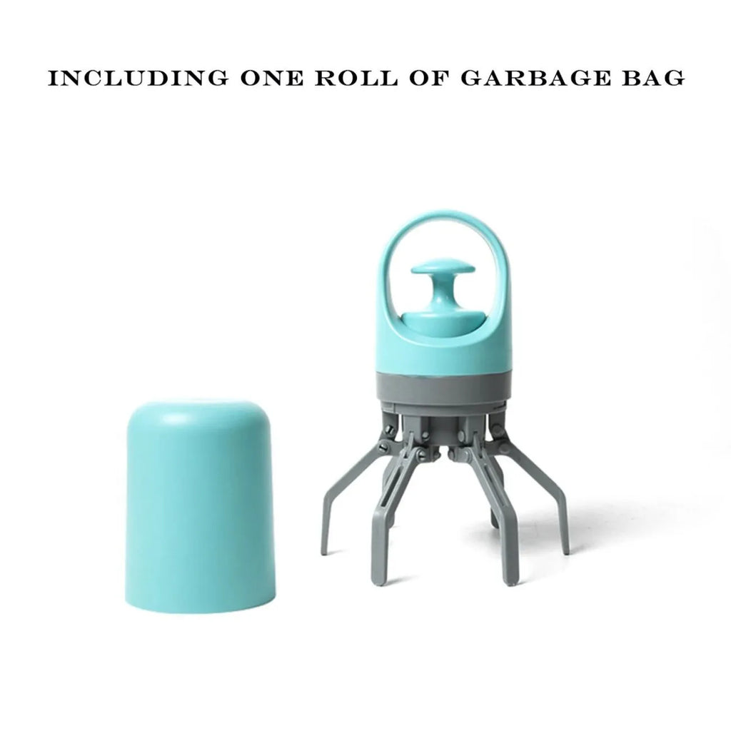 Blue pet pooper scooper claw with integrated bag dispenser for outdoor dog waste clean-up.