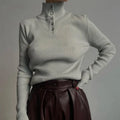 Silver gray and rice apricot retro half turtleneck pullover sweater with single-breasted placket and slim fit