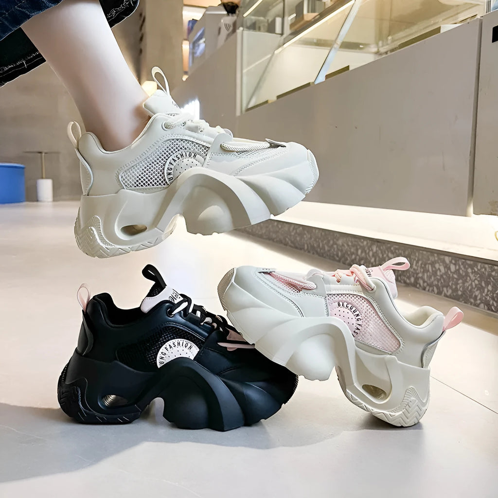 Women's thick sole casual sneakers with cross shoulder straps in beige artificial PU with mesh lining