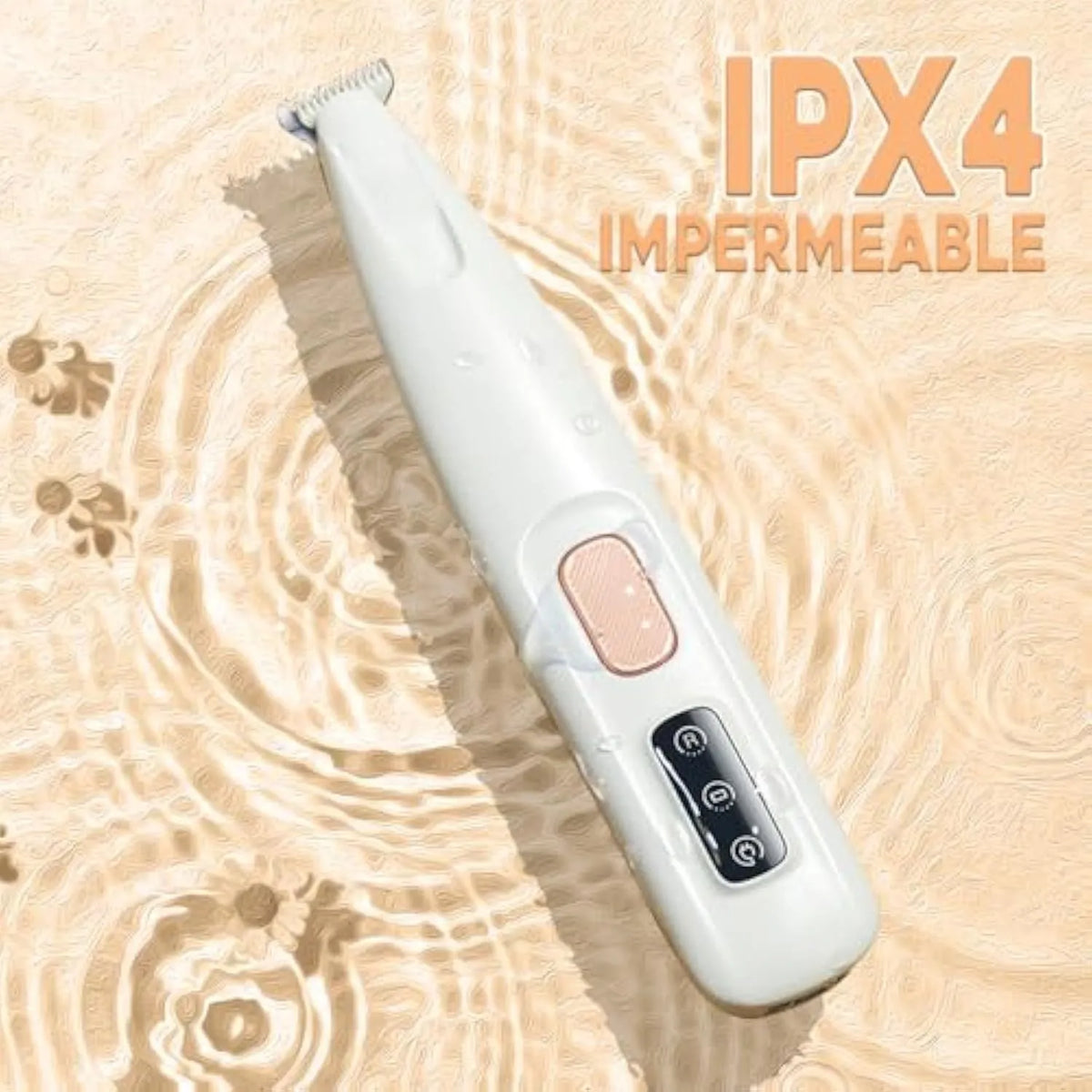 White rechargeable electric dog paw trimmer with LED light on a grey background.