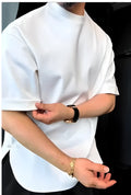 Men's white button-hem cotton-blend T-shirt laid flat.