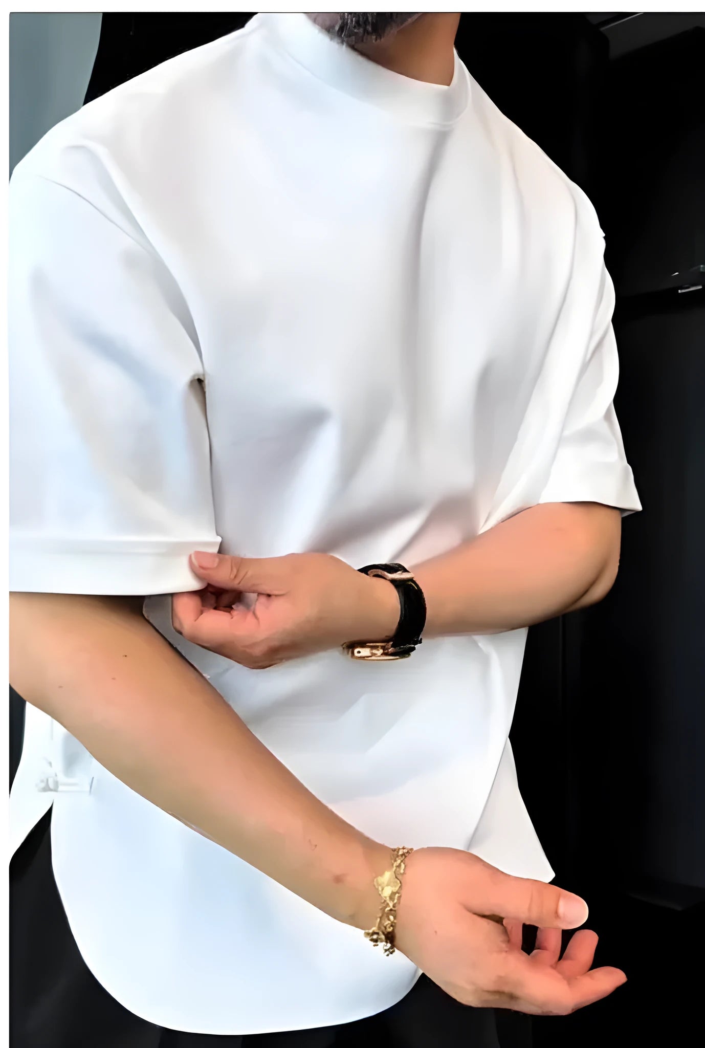 Men's white button-hem cotton-blend T-shirt laid flat.