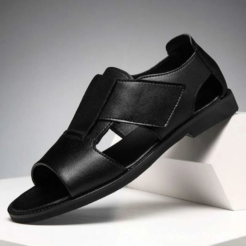 Men's black and brown casual leather sandals with open toe design and rubber soles