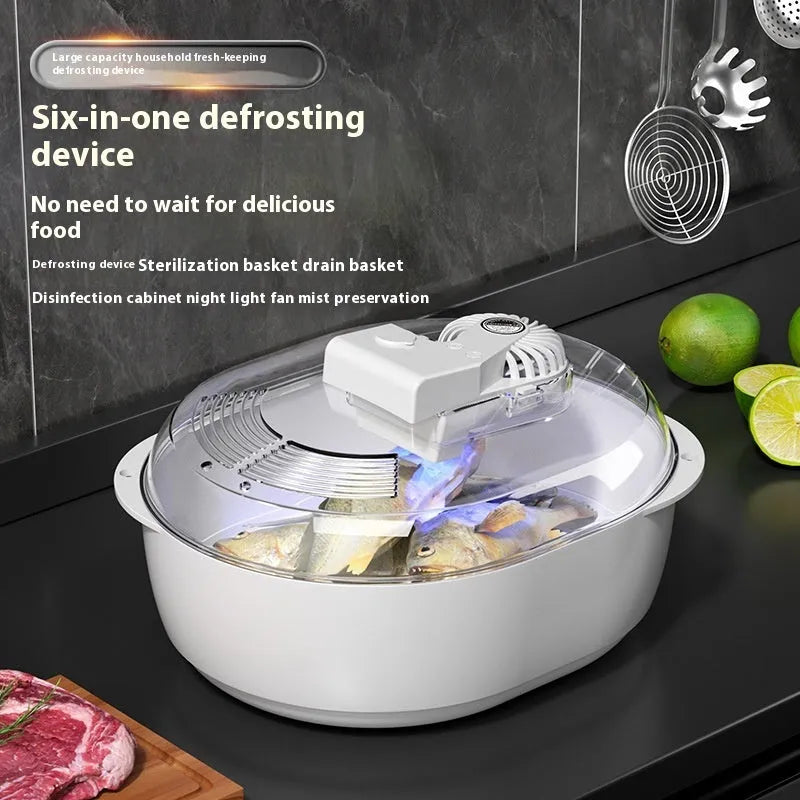 Aluminium household food defrosting plate with USB cable on a kitchen countertop.