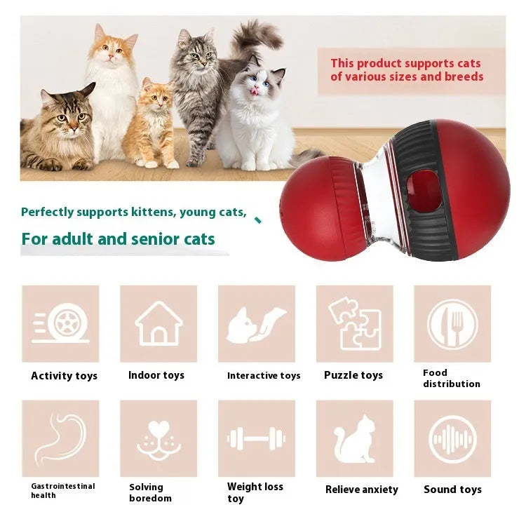 Rotating plastic cat toy with food dropping ball and sound elements in super ball colour