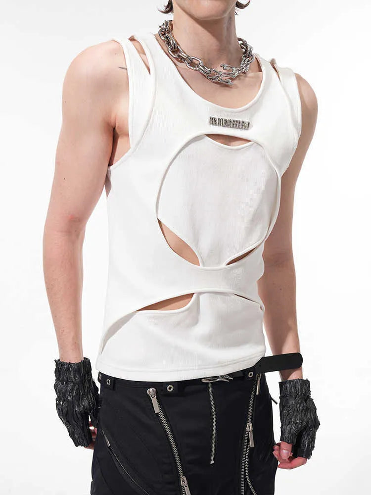 Men's loose sleeveless waistcoat with hollow white thread design in black colour