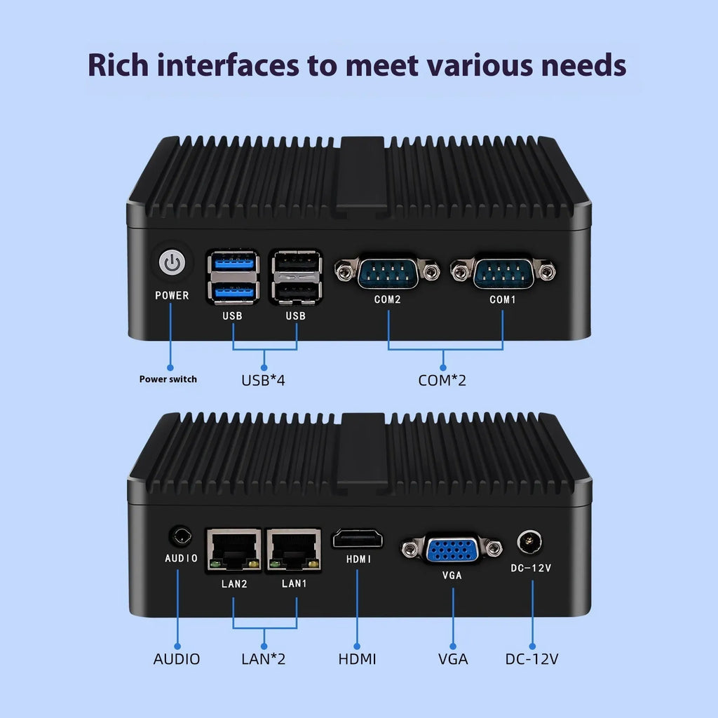 Industrial control quad-core fanless mini-host computer with compact aluminium chassis