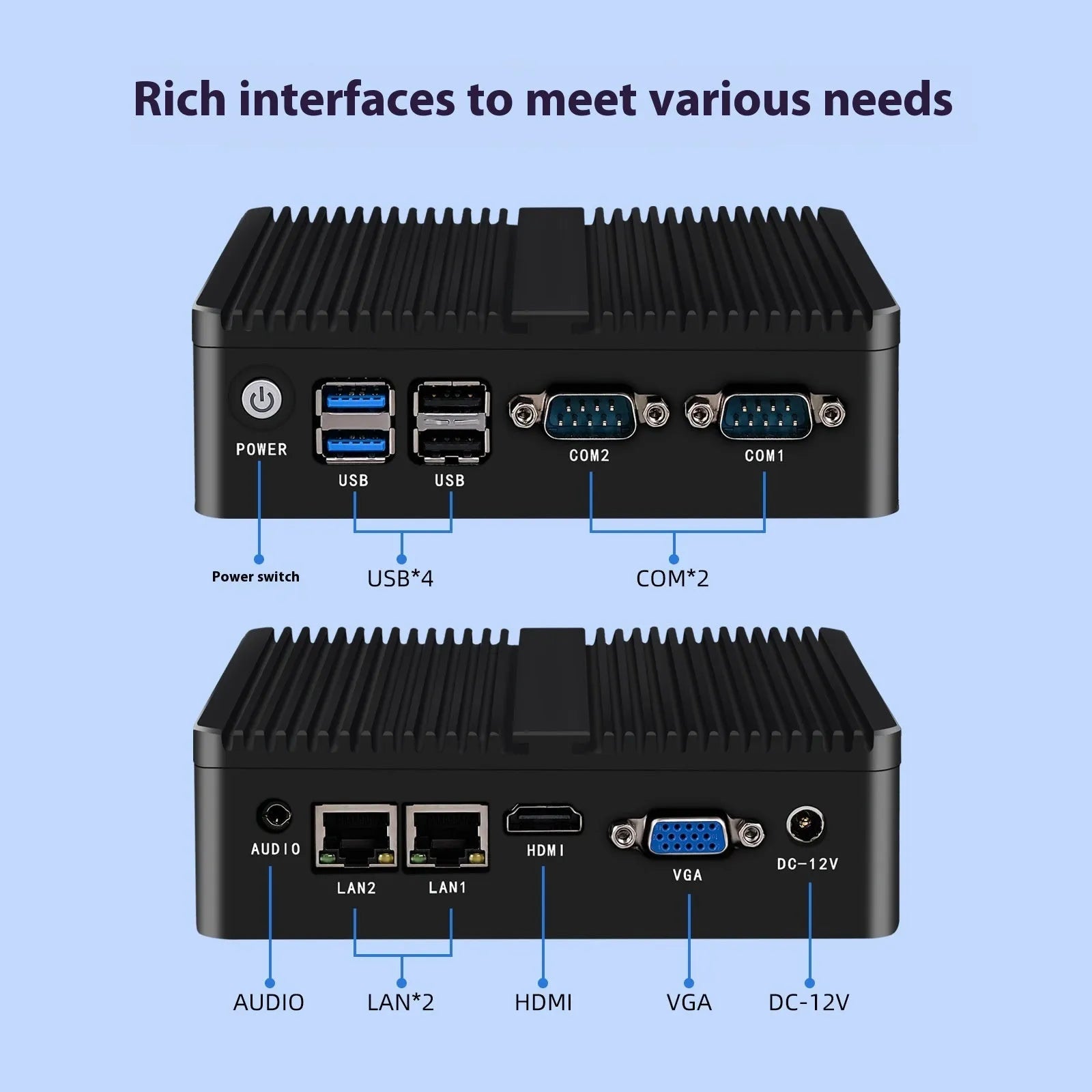 Industrial control quad-core fanless mini-host computer with compact aluminium chassis