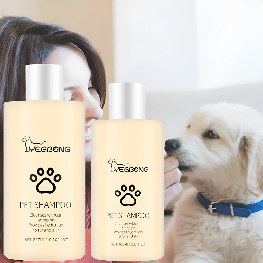 A bottle of mild pet shampoo for cats and dogs, available in 100ml and 300ml sizes.