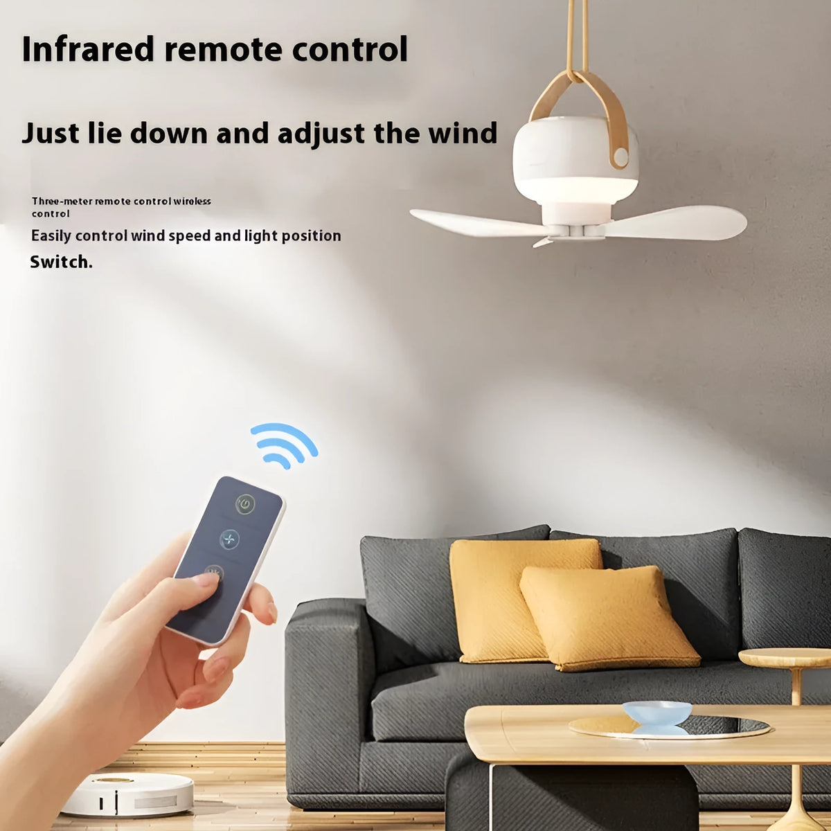 Rechargeable multifunctional ceiling fan with remote control for camping tents, includes night light and wire bracket.