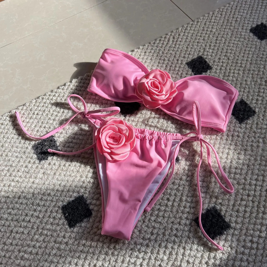 Polyester women's swimsuit bikini set with tube top and adjustable drawstring straps