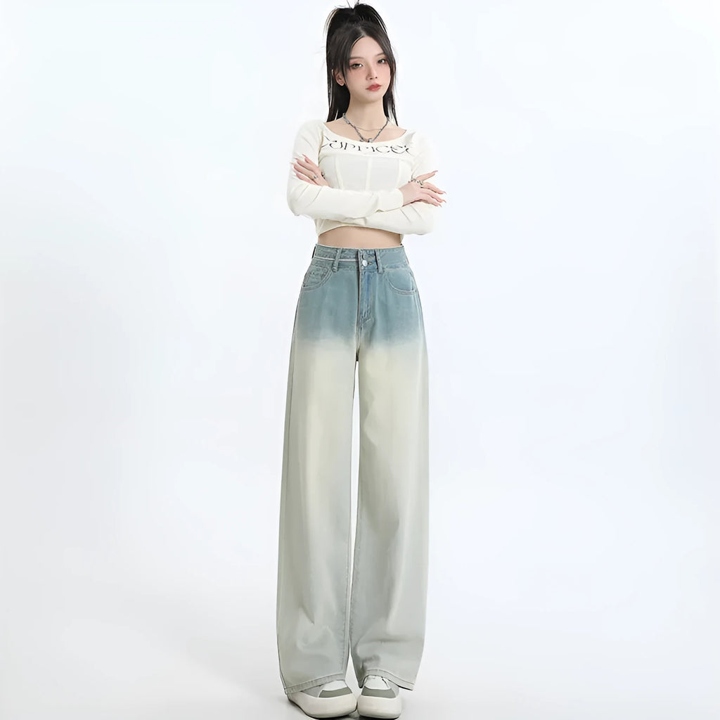 Women's gradient blue straight-leg denim trousers with wide leg design on hanger