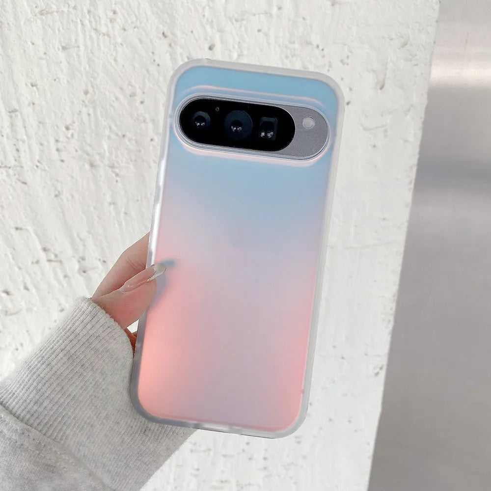Transparent laser frosted matte phone case for Google Pixel 10 and 9 models on a table.