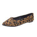 Women's leopard print flat pumps with a pointed toe and low flat heel on a rubber sole.