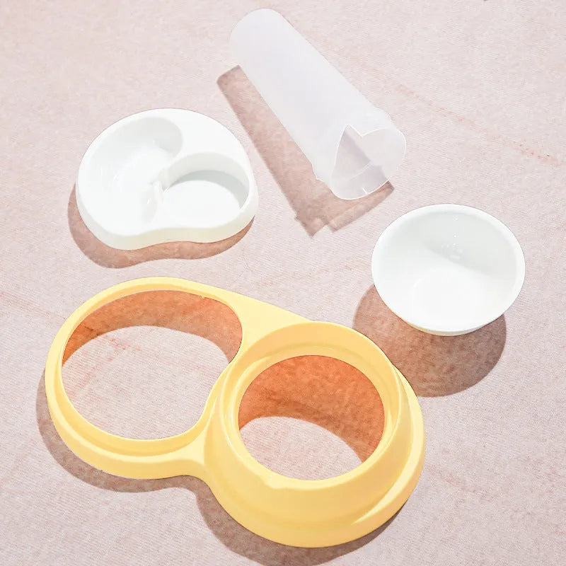 Grey and yellow dual pet bowl with raised neck protection and non-slip base