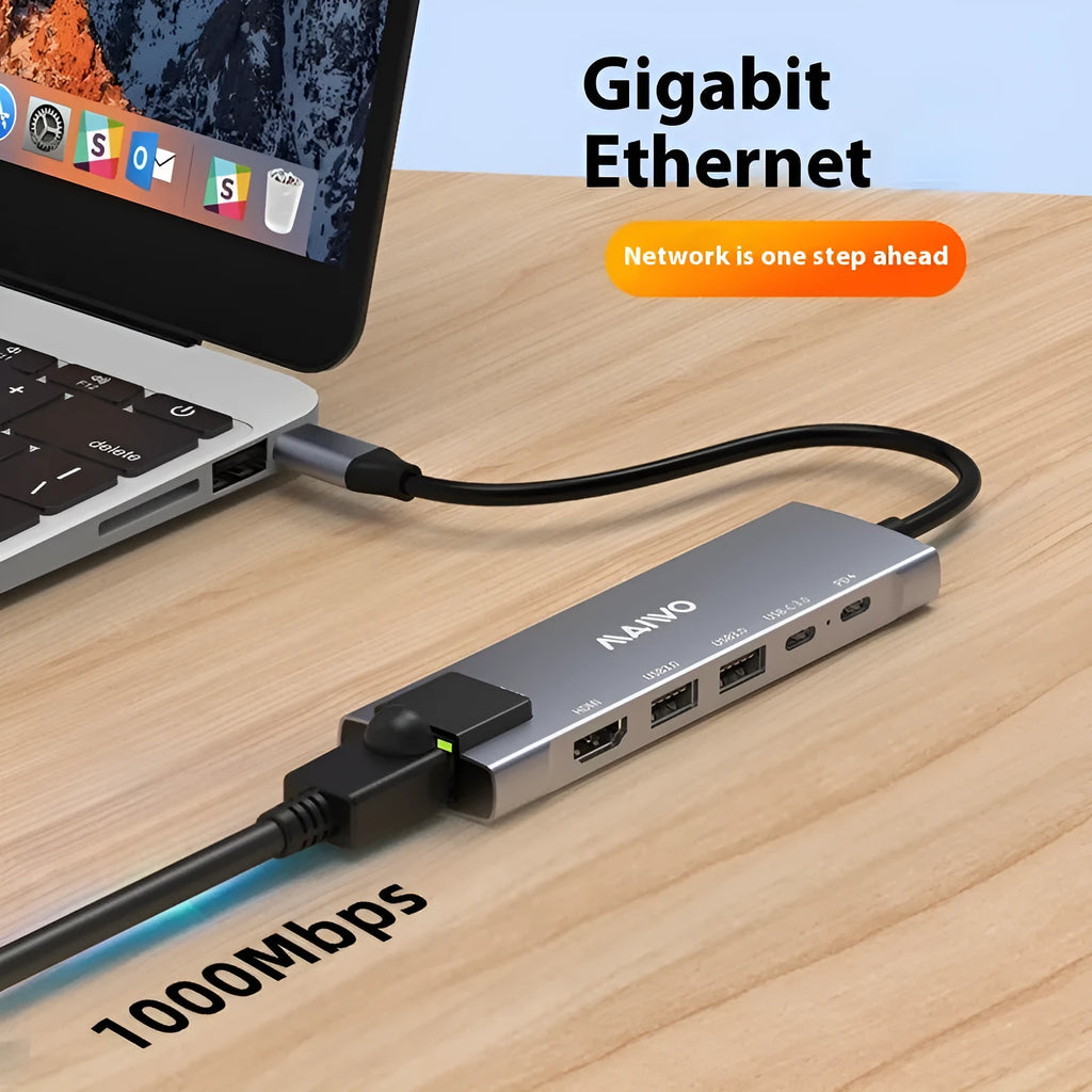 Steam Deck six-in-one docking station with Type-C cable, aluminium shell, HDMI, Ethernet, and USB ports.
