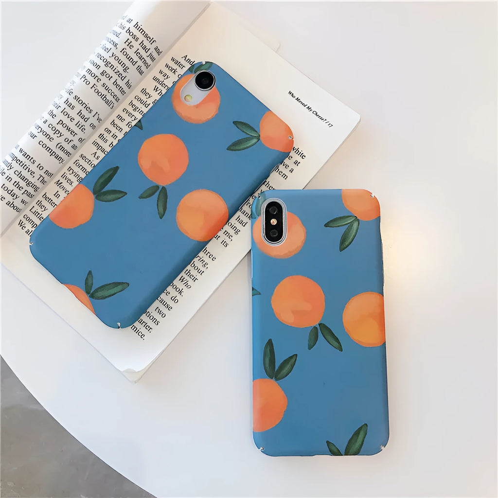 Orange retro plastic iPhone case with water and blue background design, shown as a back cover.