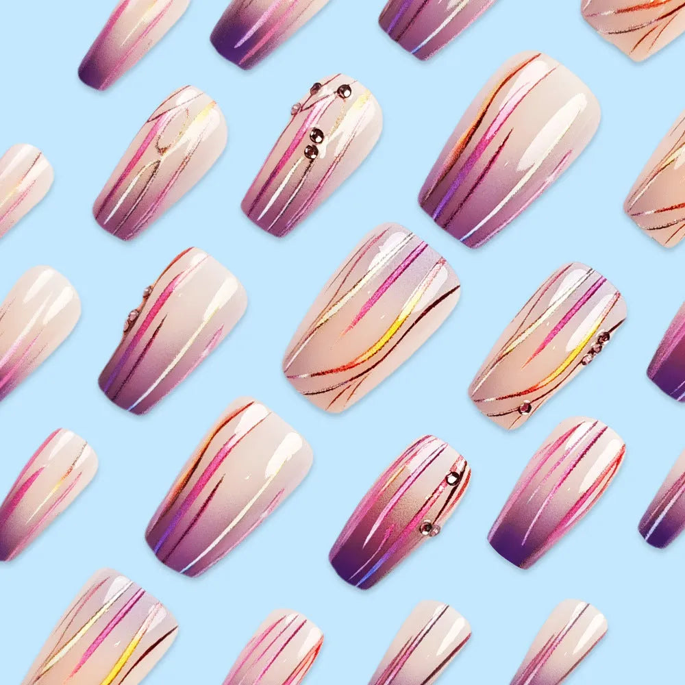 Magic purple line streamer gradient nail stickers with starry sky pattern and included jelly glue