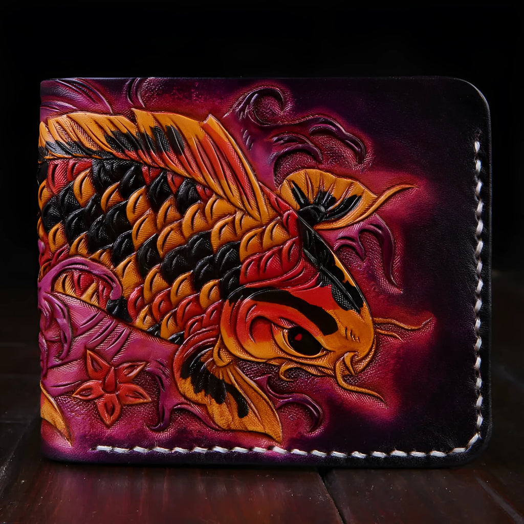 Men's carved cow leather short wallet in red, shown open, displaying its compact size and textured finish.