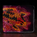 Men's carved cow leather short wallet in red, shown open, displaying its compact size and textured finish.