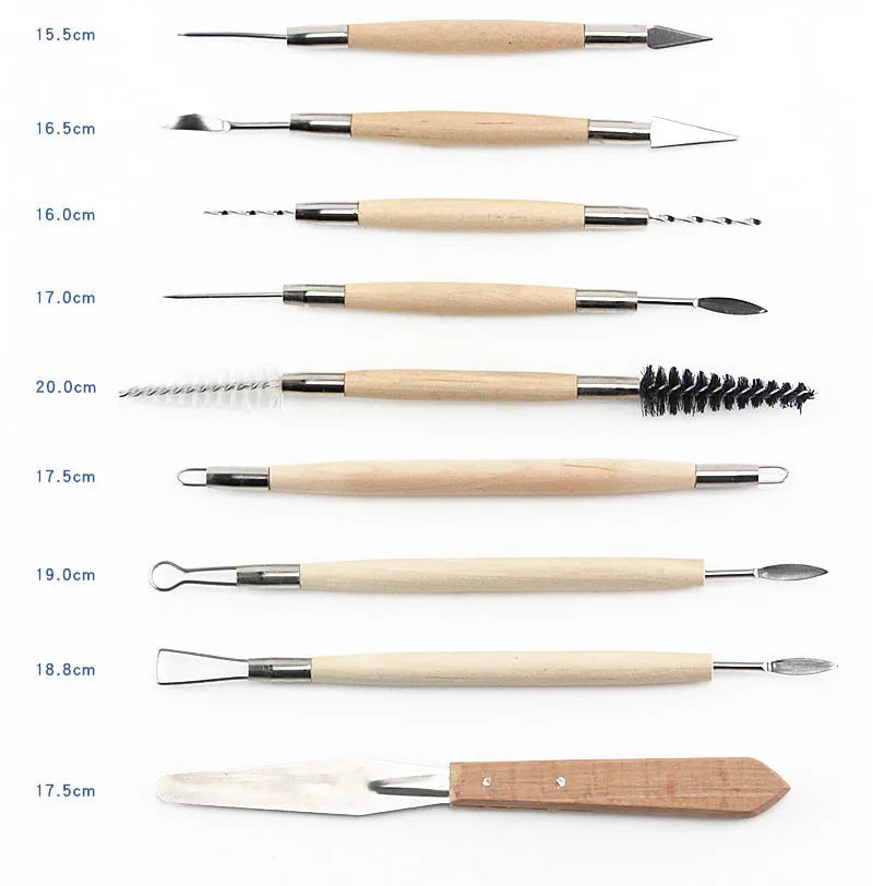 Brown 27-piece pottery clay sculpting tool set with wooden handles and stainless steel ends, includes storage bag.