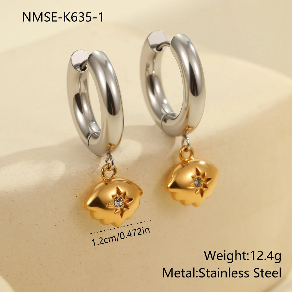 Christmas Tree Heart Earrings in stainless steel with 18K gold electroplating showing heart and star geometric designs