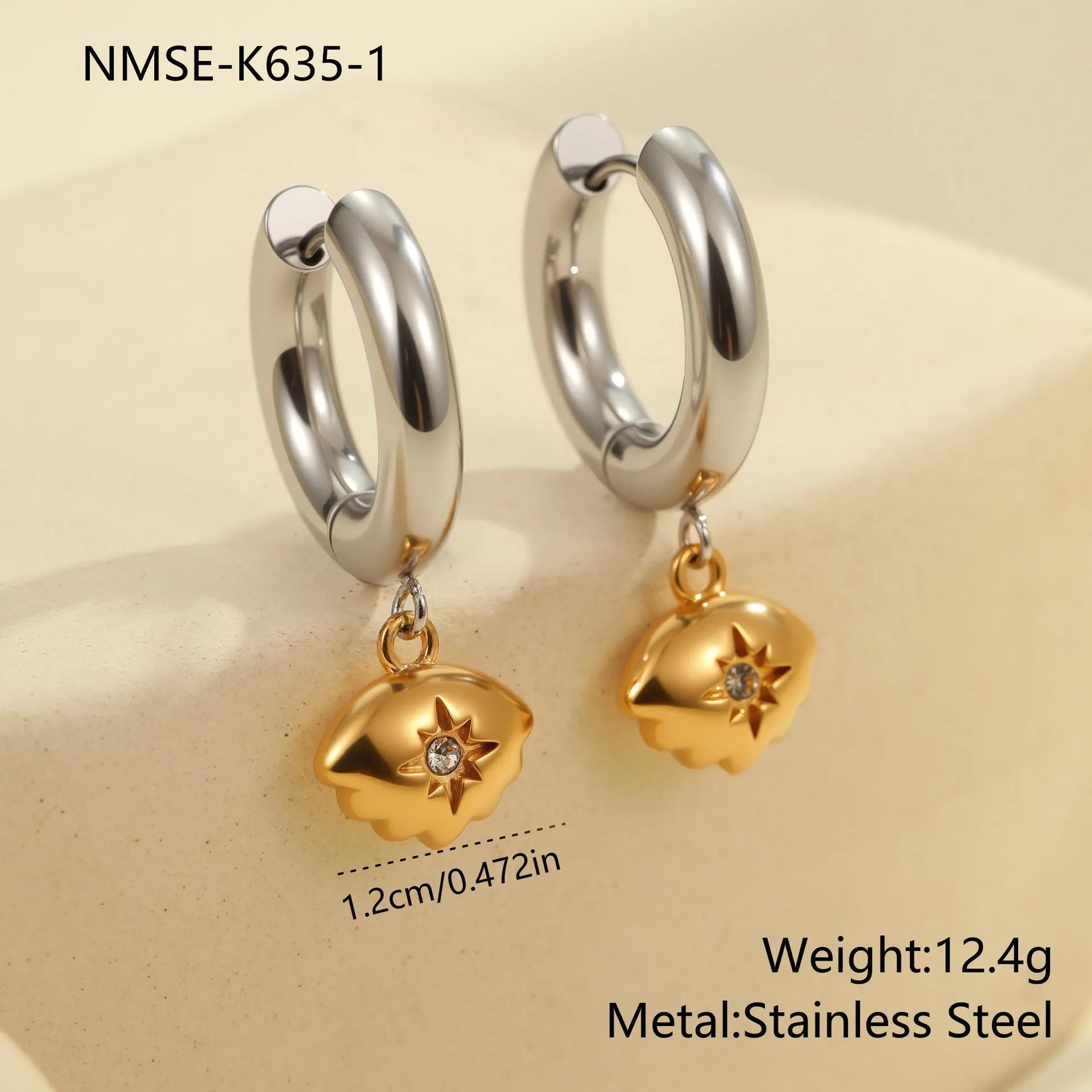 Christmas Tree Heart Earrings in stainless steel with 18K gold electroplating showing heart and star geometric designs