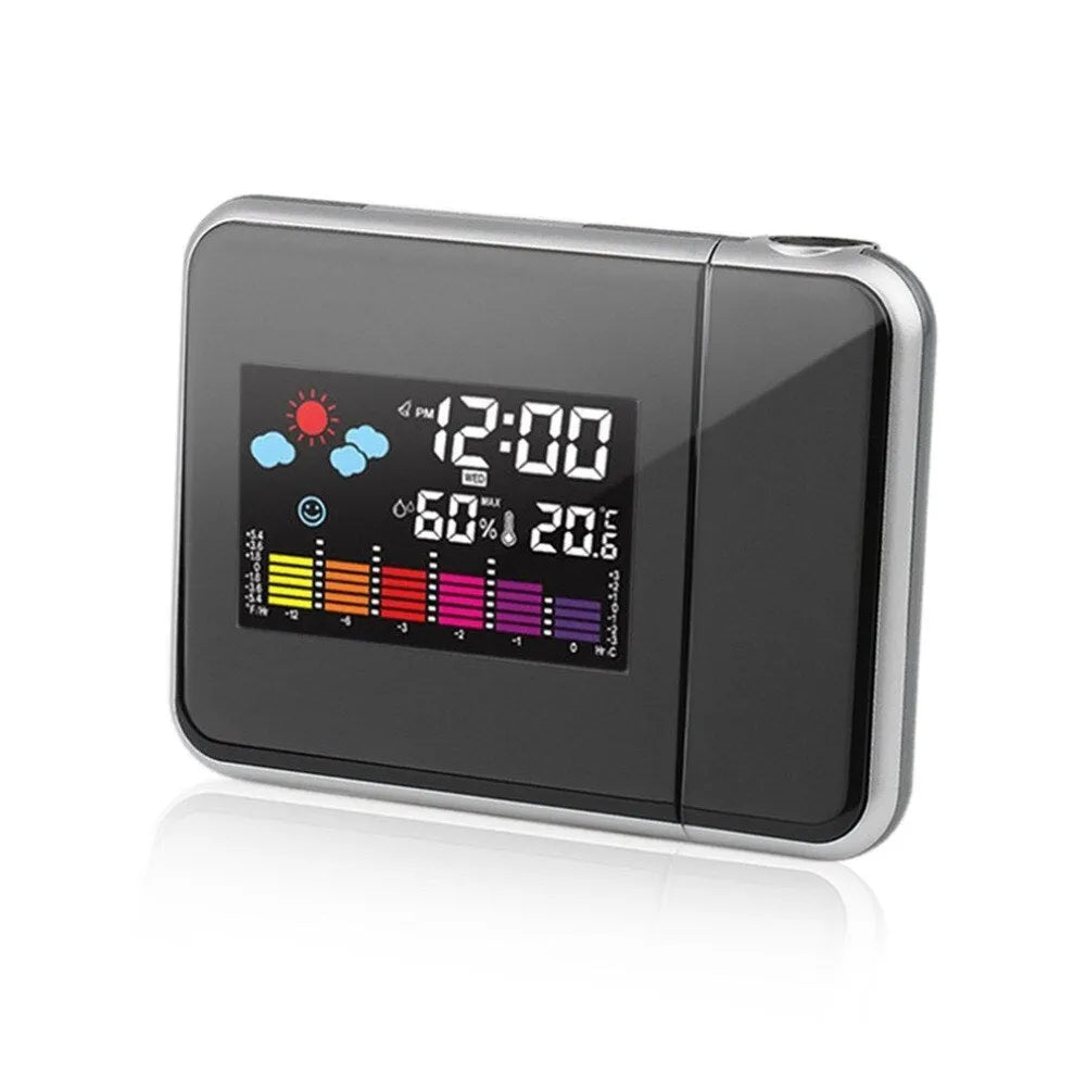 Black hard plastic digital alarm clock with projection feature and display showing time and temperature.