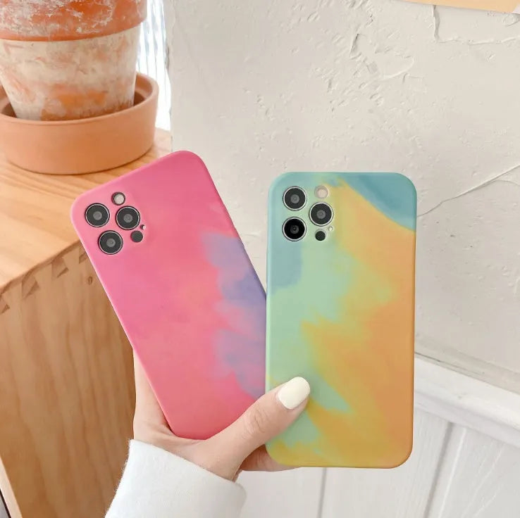Soft silicone iPhone case with blue and purple gradient geometric abstract artwork.