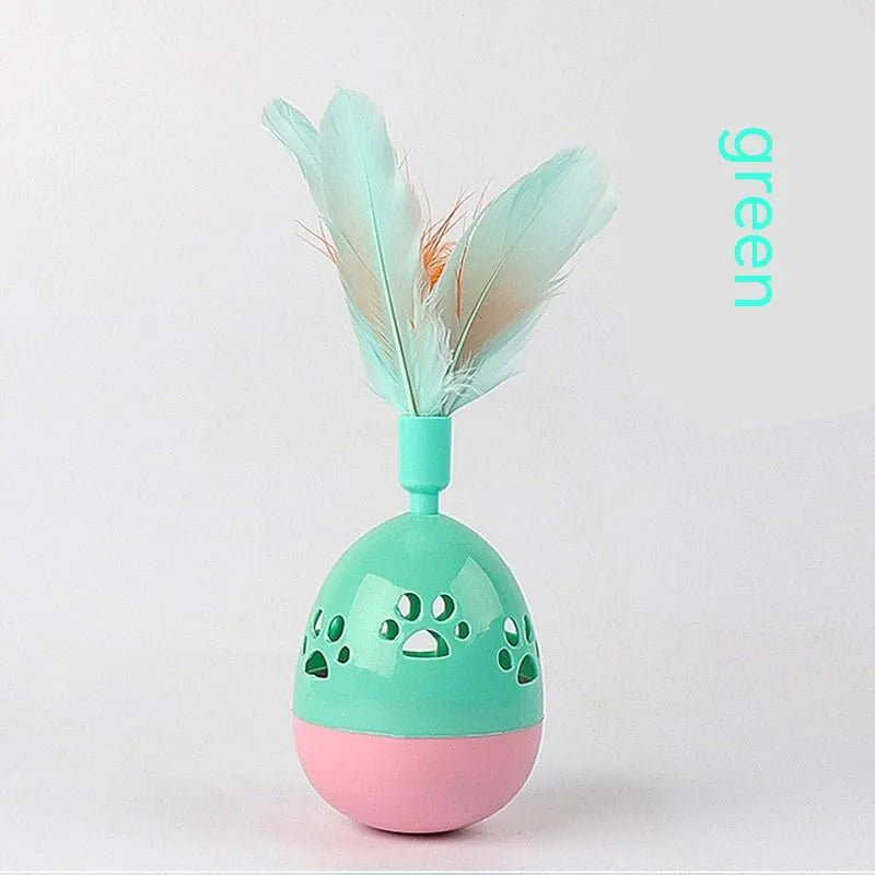 Tumbler bell cat toy in pink purple green, 15cm ABS plastic body with feathers and 6.5cm base