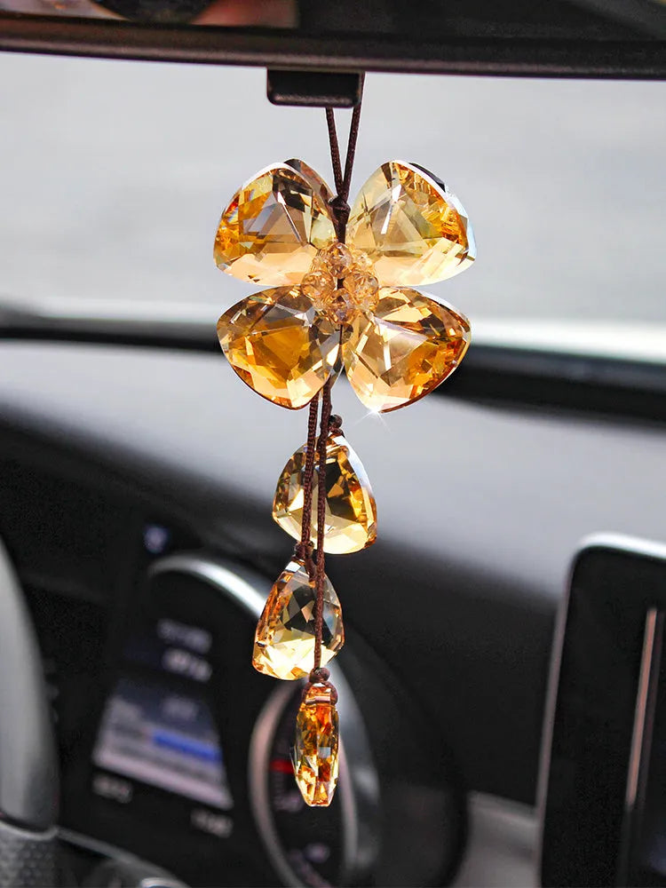 Crystal four leaf grass car interior pendant approximately 20CM in transparent champagne black or shiny colours