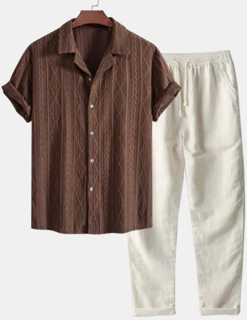 Men's slim fit camouflage print linen-style suit with short sleeve shirt and trousers on a hanger.