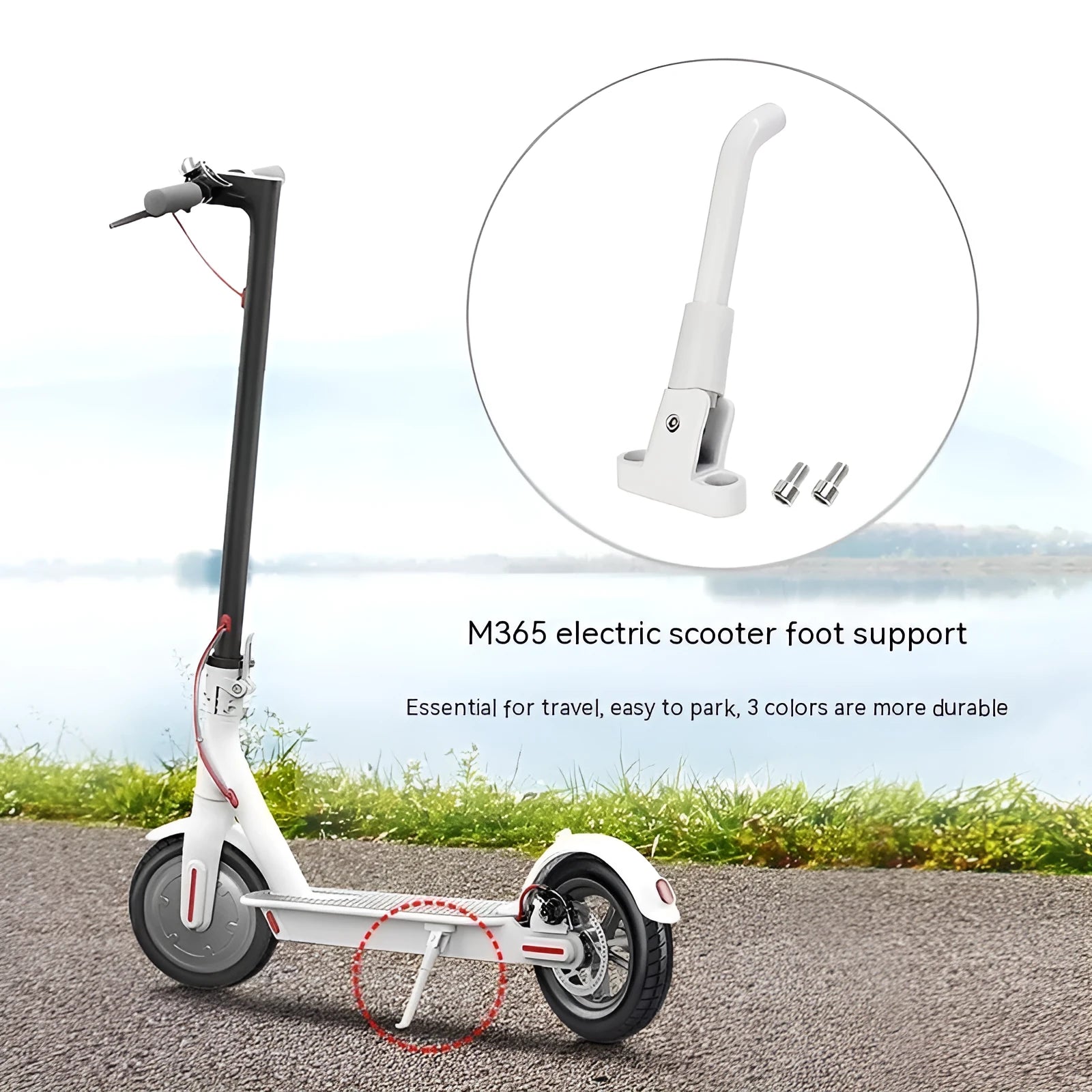 Aluminium alloy electric scooter foot brace accessory in black white grey colours with mounting hardware