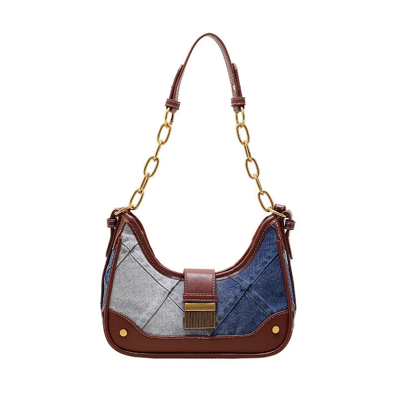 Brown denim women's bucket shoulder bag with diamond mesh chain straps and lock closure