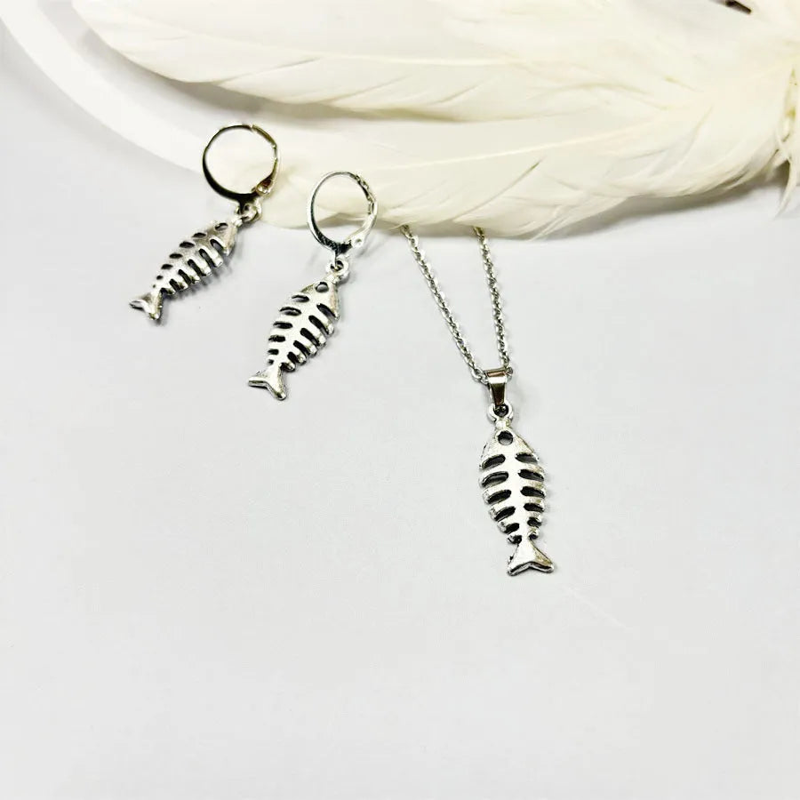 Fishbone pendant necklace and matching earrings set with adjustable chain length