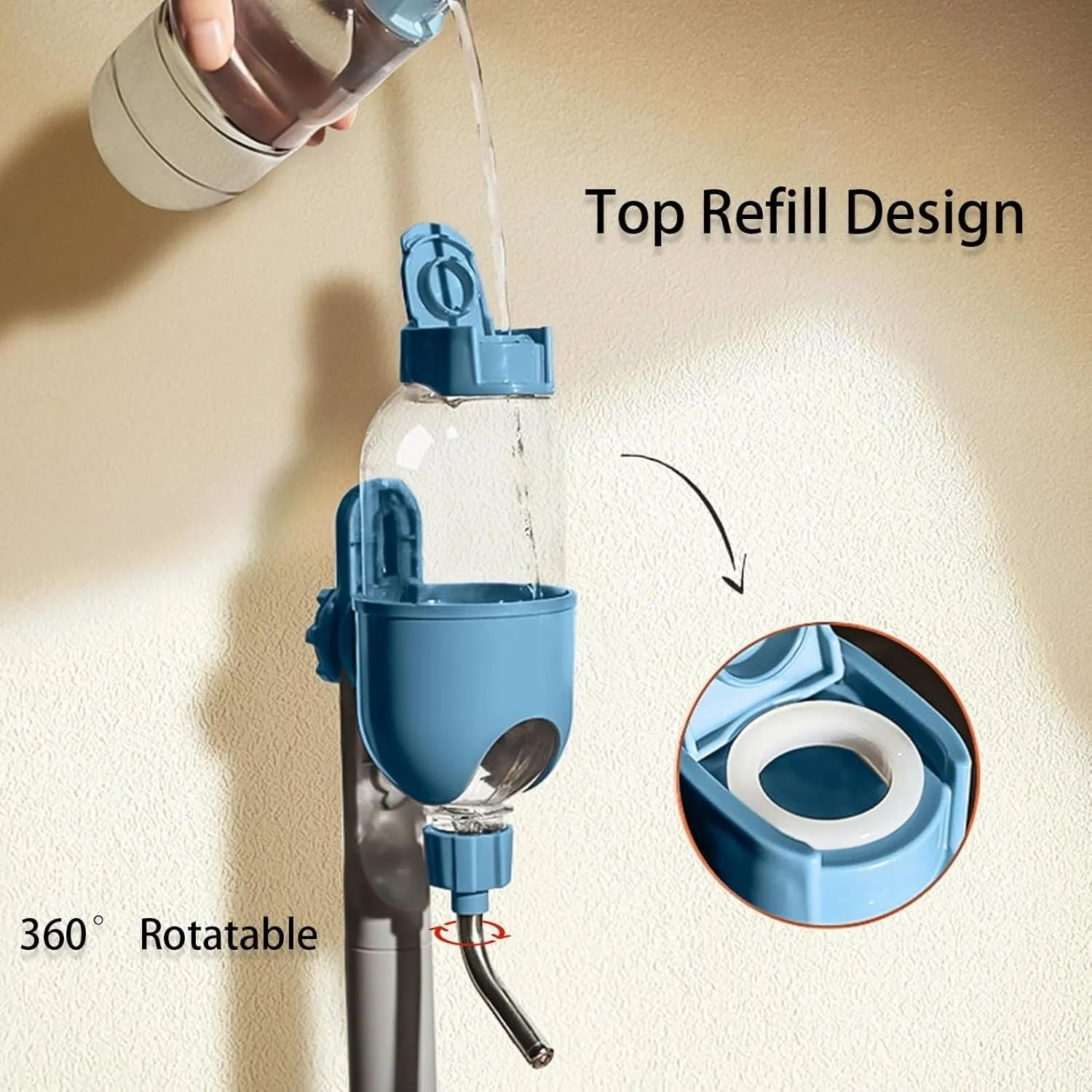 Small animal cage water bottle with rotatable nozzle and quick connect design