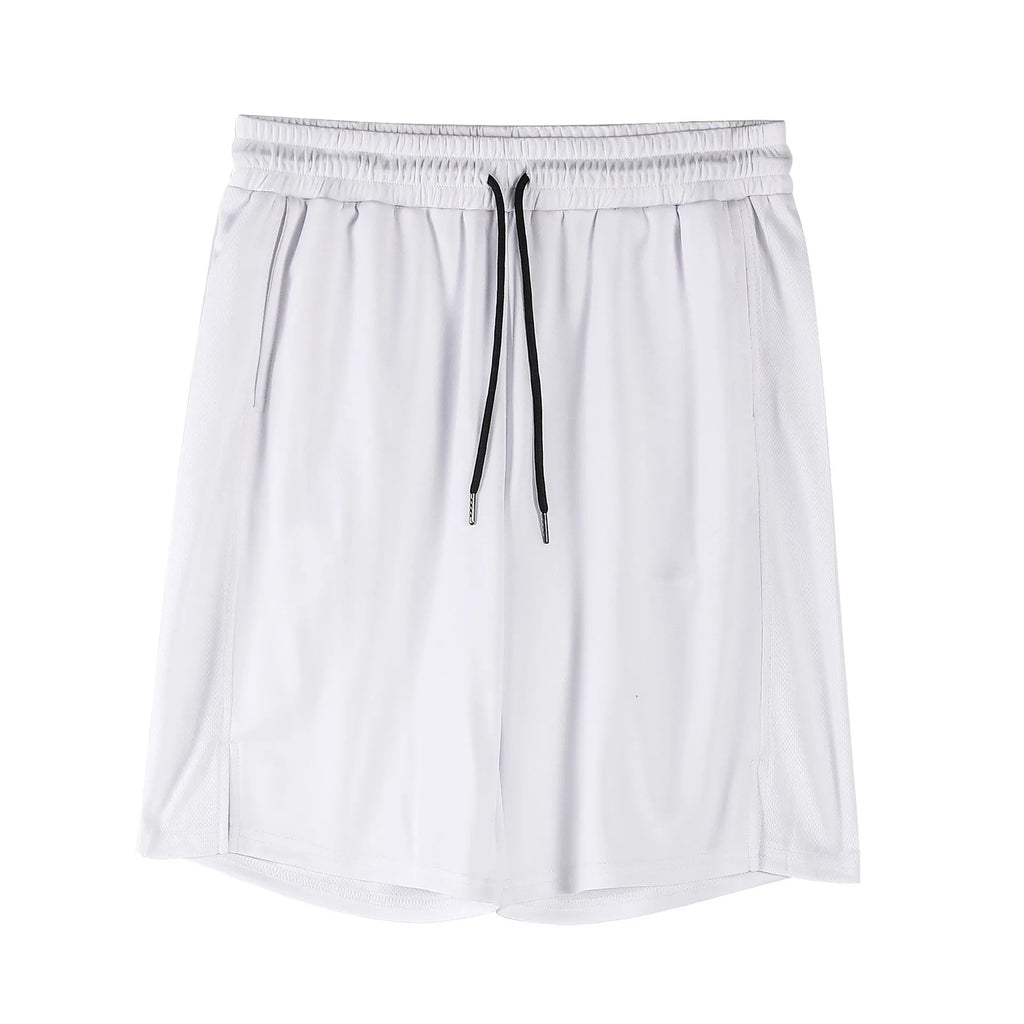 Men's black and white quick-drying loose-fit mesh shorts with elastic waistband.