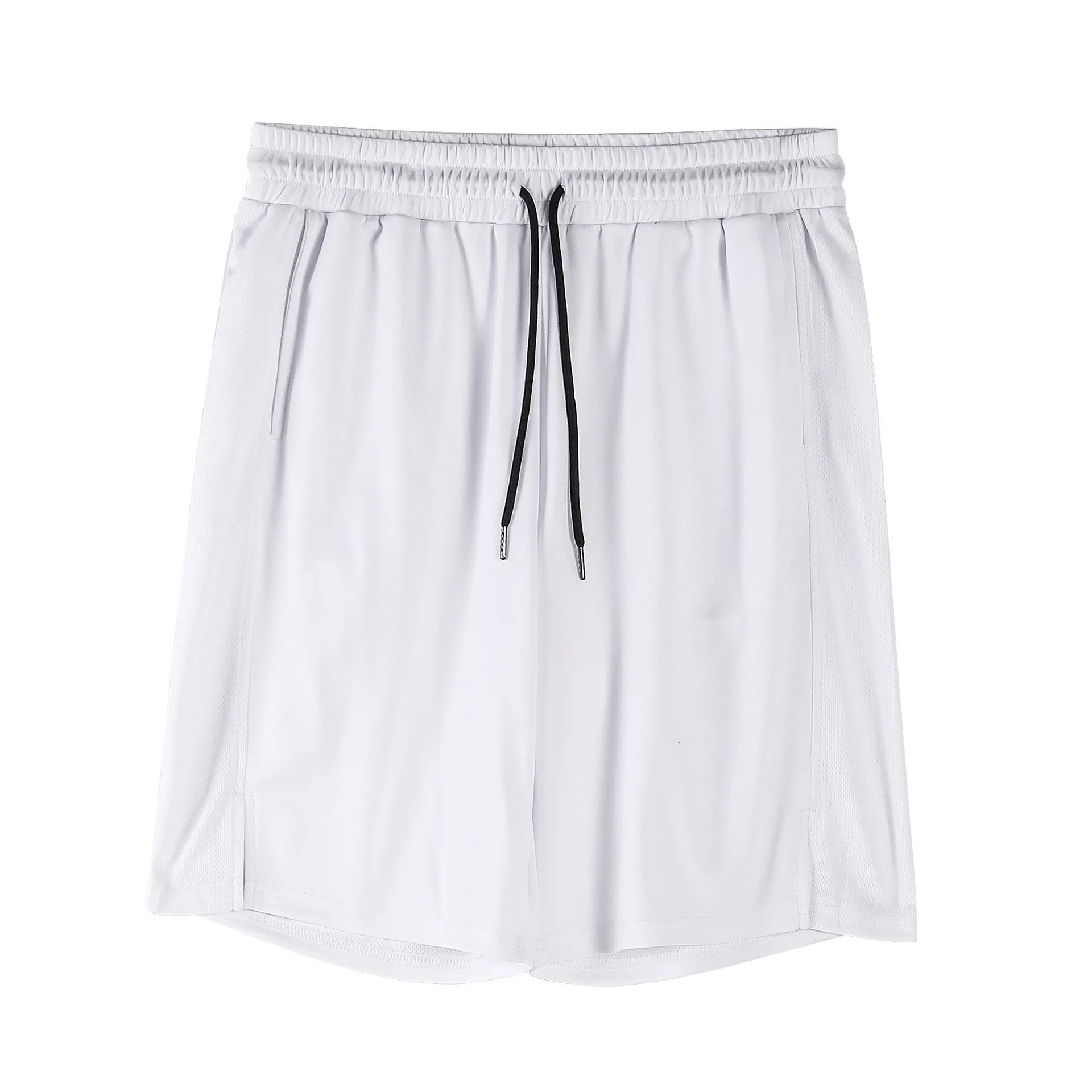 Men's black and white quick-drying loose-fit mesh shorts with elastic waistband.