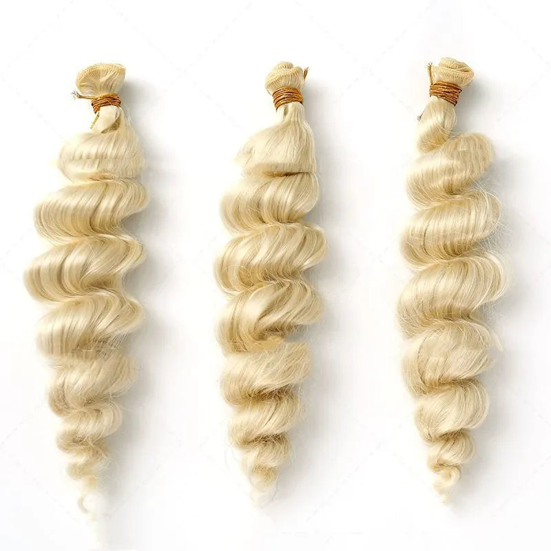 Golden synthetic hair weft wig for women shown in 18, 20 and 22 inch lengths
