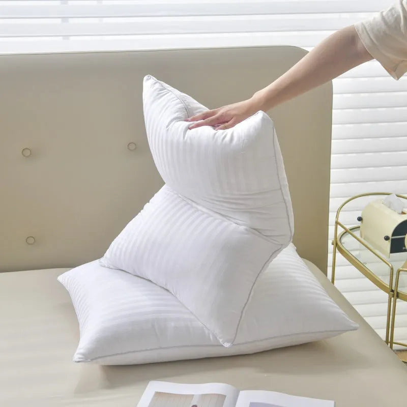 White hotel cotton satin stripe feather pillow showing size options and feather cotton filling