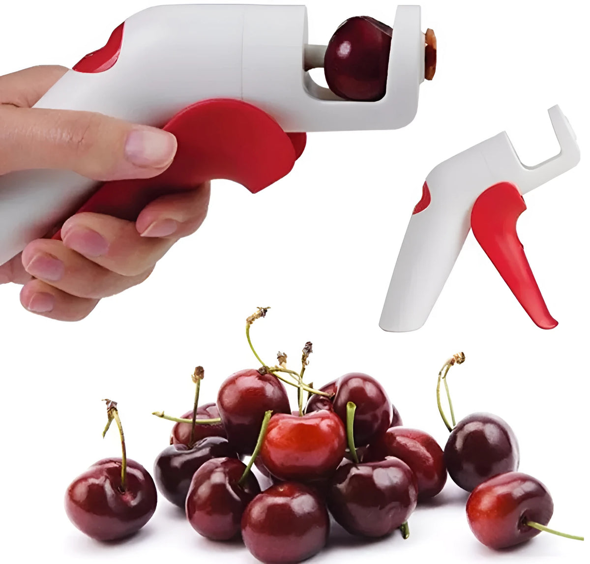 Stainless steel manual cherry pitting tool with ergonomic handle on a wooden surface.