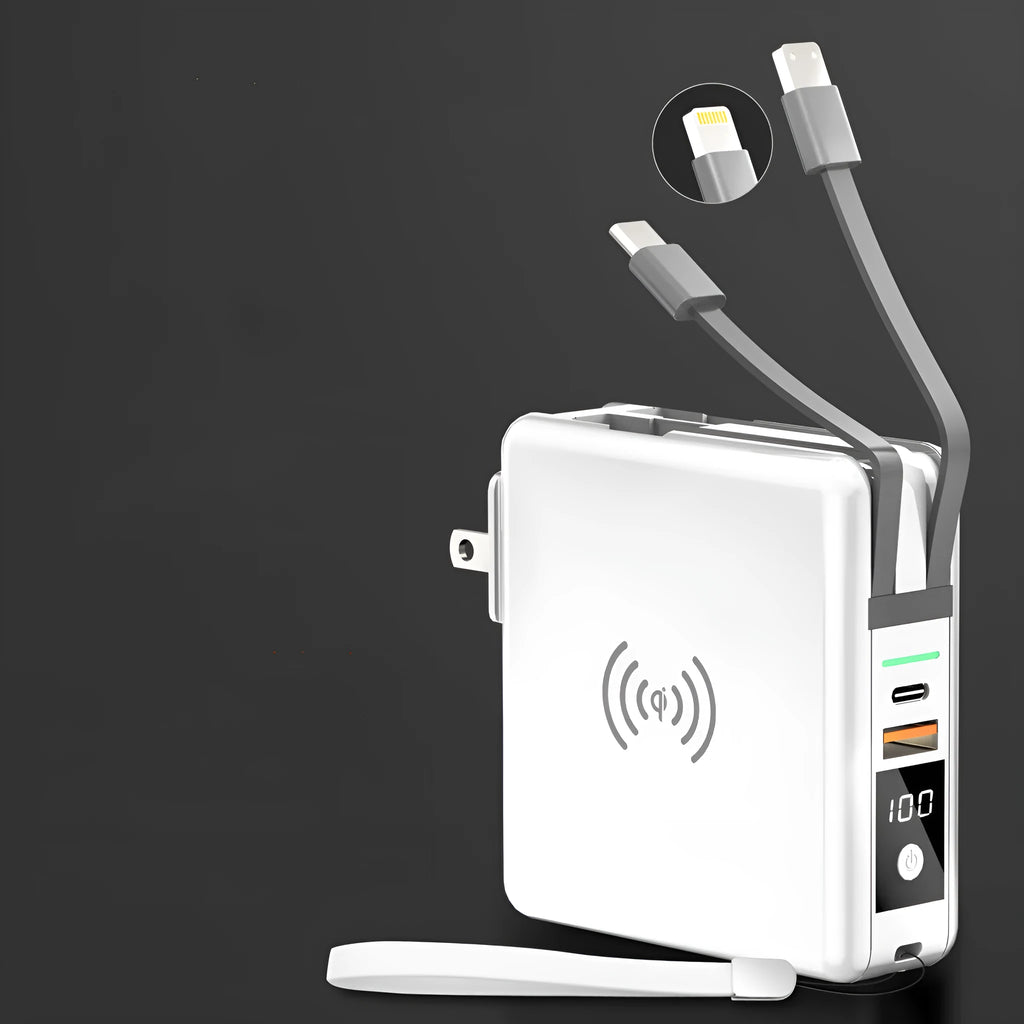 Black and white wireless charging power bank with foldable plug and set of four international travel adapter heads