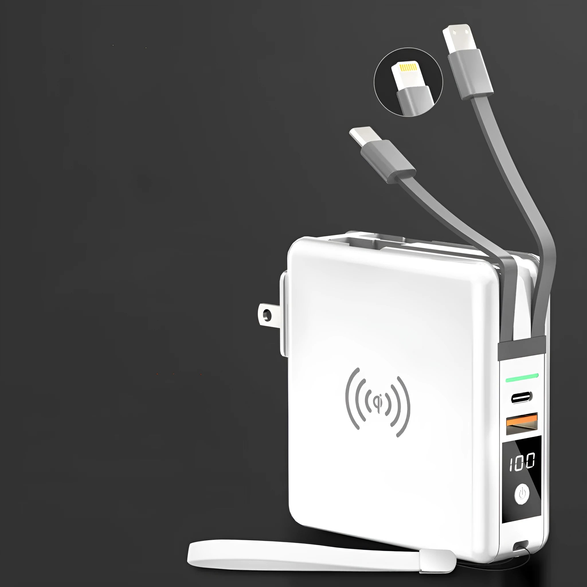 Black and white wireless charging power bank with foldable plug and set of four international travel adapter heads
