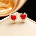 Gold red heart and flower pendant necklace with matching ear studs and ring, made from titanium steel.