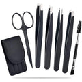 Six-piece professional eyebrow tweezers set with stainless steel tools and leather case