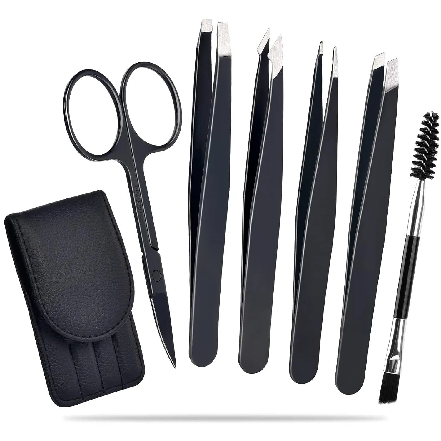 Six-piece professional eyebrow tweezers set with stainless steel tools and leather case