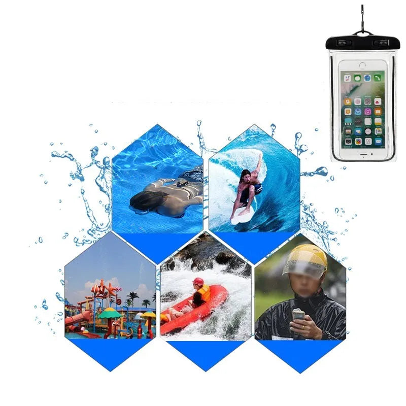 Universal waterproof luminous touch screen phone case in multiple colours for outdoor activities