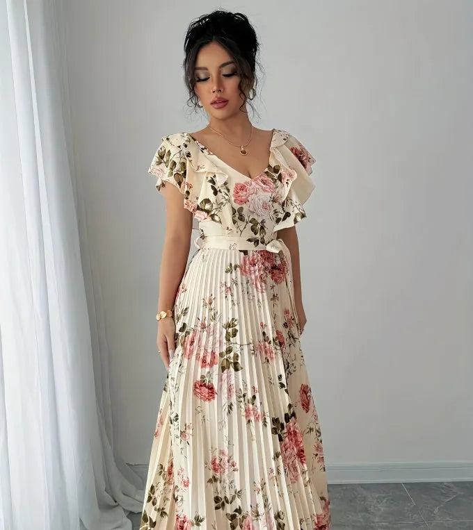 Apricot floral print V-neck dress with ruffled sleeves and oversized swing skirt