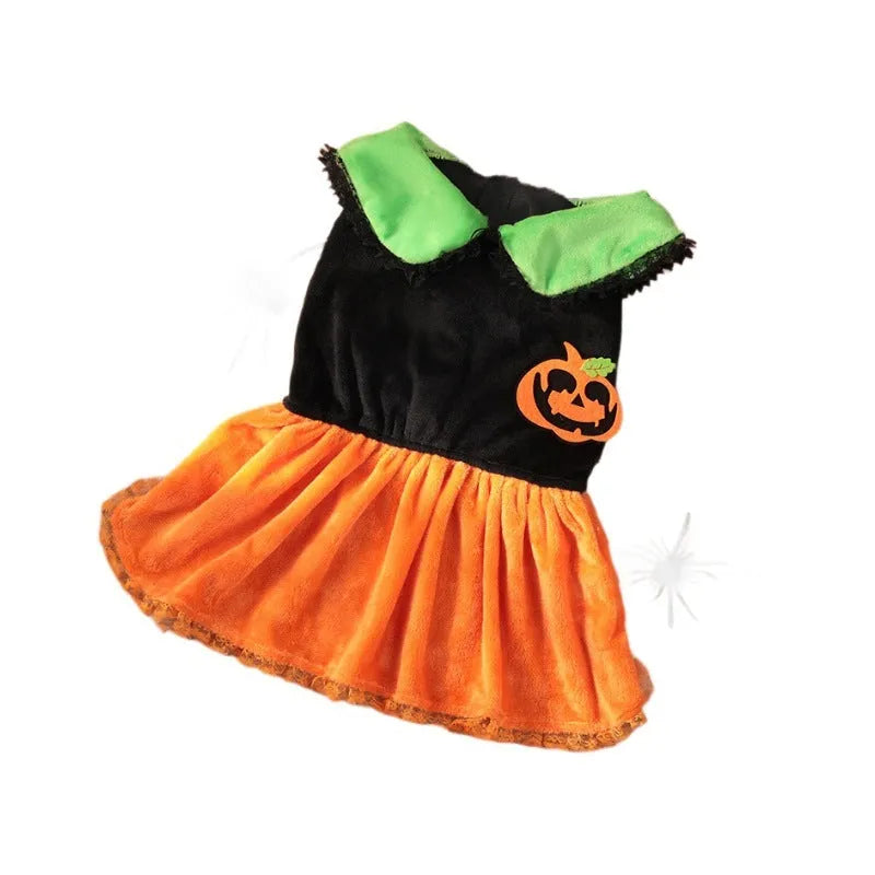Crystal velvet pet Halloween costume showing pumpkin skirt and sweater options for small dogs and cats