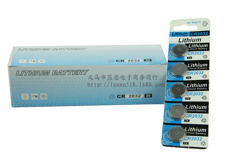 Five CR2032 lithium button batteries on card for electronic scales and remote controls